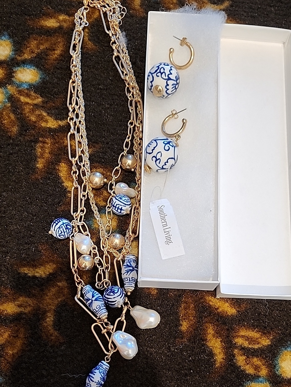 Southern Living Blue & Gold Porcelain Bead Necklace and Earring Set